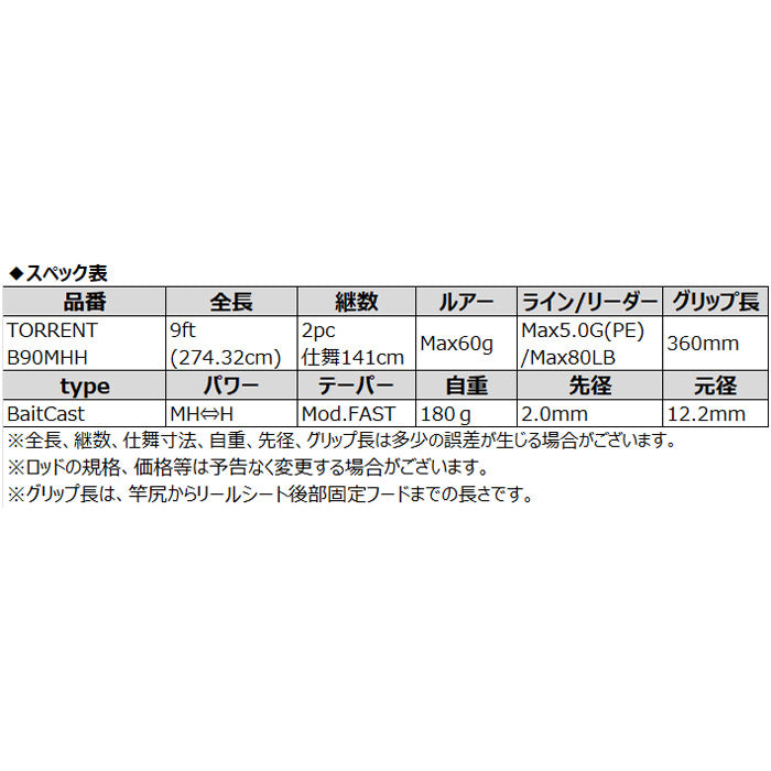 清流シーバスロッド TORRENT B90MH/H