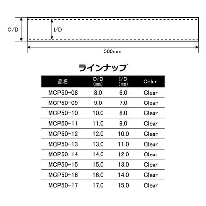 MCP series メッシュカーボンパイプ MCP50-8〜MCP50-17 クリアーブラック 全長50cｍ 内径6ｍｍ〜15ｍｍ 外径8ｍｍ〜17ｍｍ